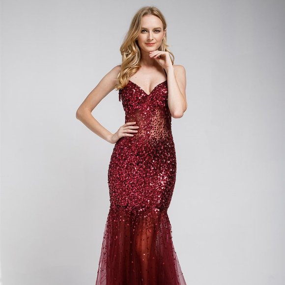 V-Neck Sequined Mermaid Prom Dress AC259 - Picture 3 of 4